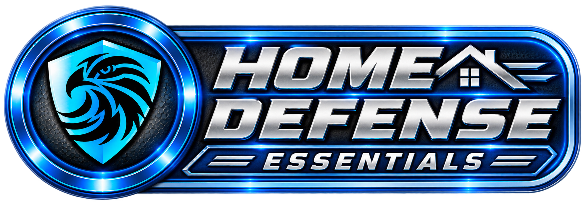 Logo for Home Defense Essentials, featuring a shield with a stylized black and blue lion's head, and bold metallic silver text.