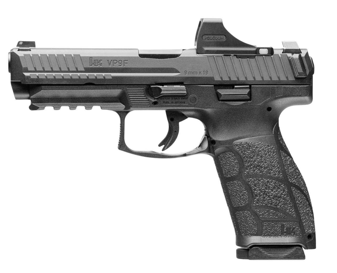 A semi-automatic handgun, black in color, with textured grip and slide markings including 'L4 VP9F' and '9mm x 19'.