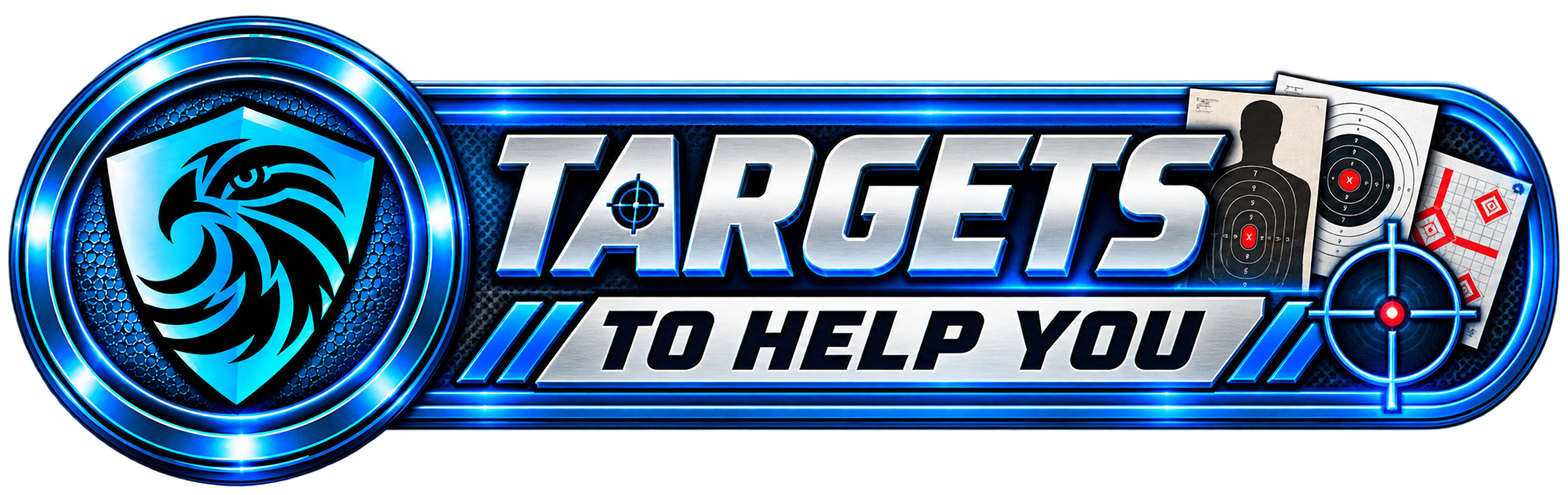 Logo with a stylized lion's head inside a shield, the word 'TARGETS' in metallic letters, and the phrase 'TO HELP YOU' beneath, all with shooting target graphics and blue neon accents.