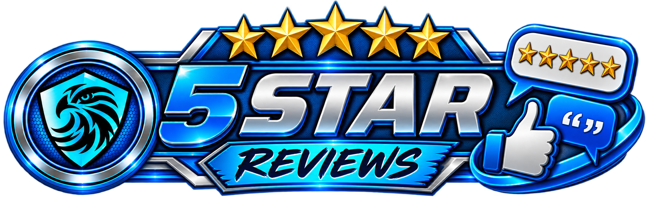 Blue and silver logo with five gold stars, a round emblem with a stylized black eagle head, the text '5 Star Reviews' in metallic font, and a speech bubble with four gold stars and a thumbs-up icon.