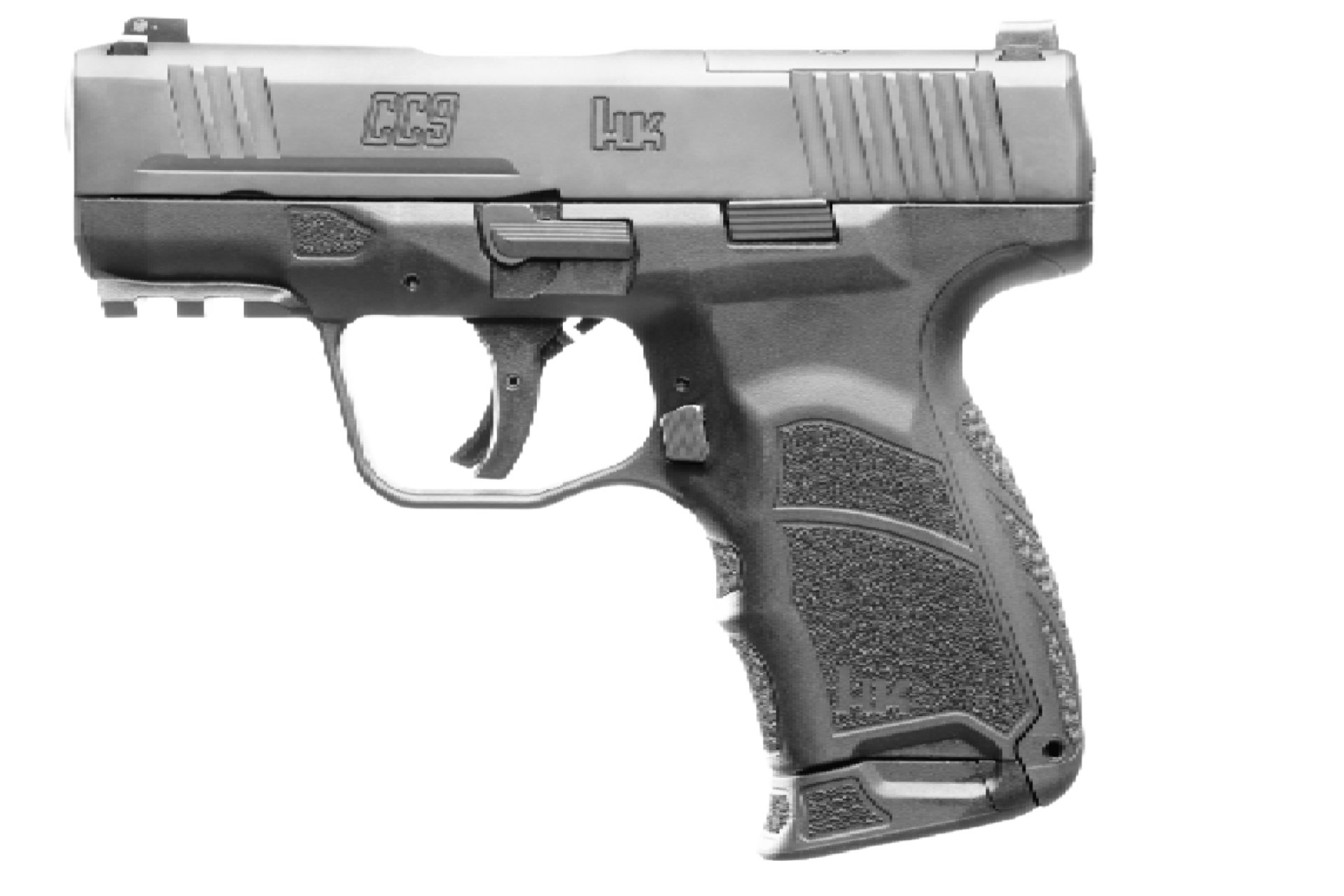 A black and white image of a semi-automatic handgun, showing the side view of the gun with details of the slide, trigger, and grip.