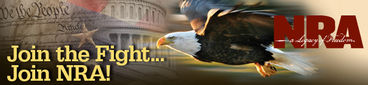 NRA promotional banner with an eagle, American flag background, and bold text saying 'Join the Fight... Join NRA!'