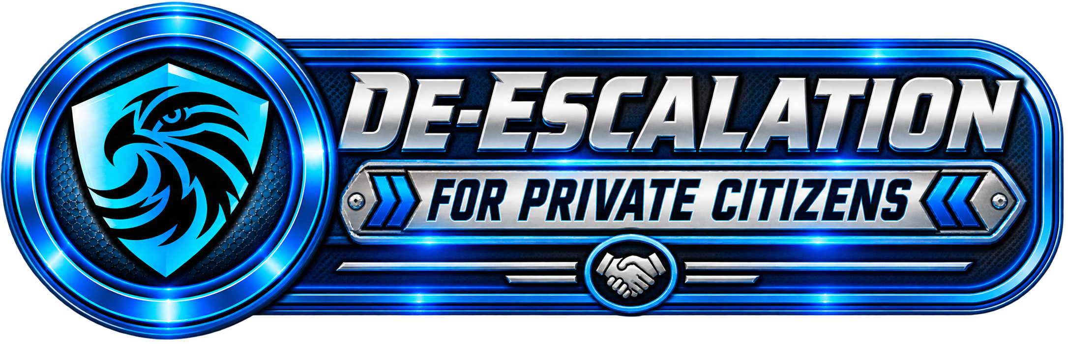 Futuristic digital badge with a blue and black color scheme, featuring a stylized eagle emblem and the text 'De-ESCALATION for PRIVATE CITIZENS' with a handshake icon.