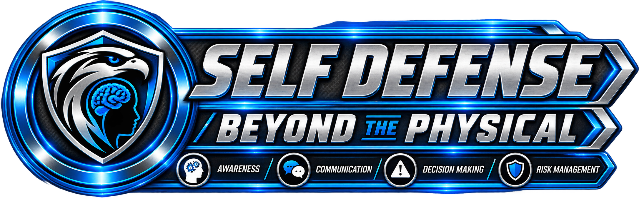 Futuristic logo for Self Defense Beyond The Physical featuring a shield with an eagle and brain icon, with text emphasizing awareness, communication, decision making, and risk management.