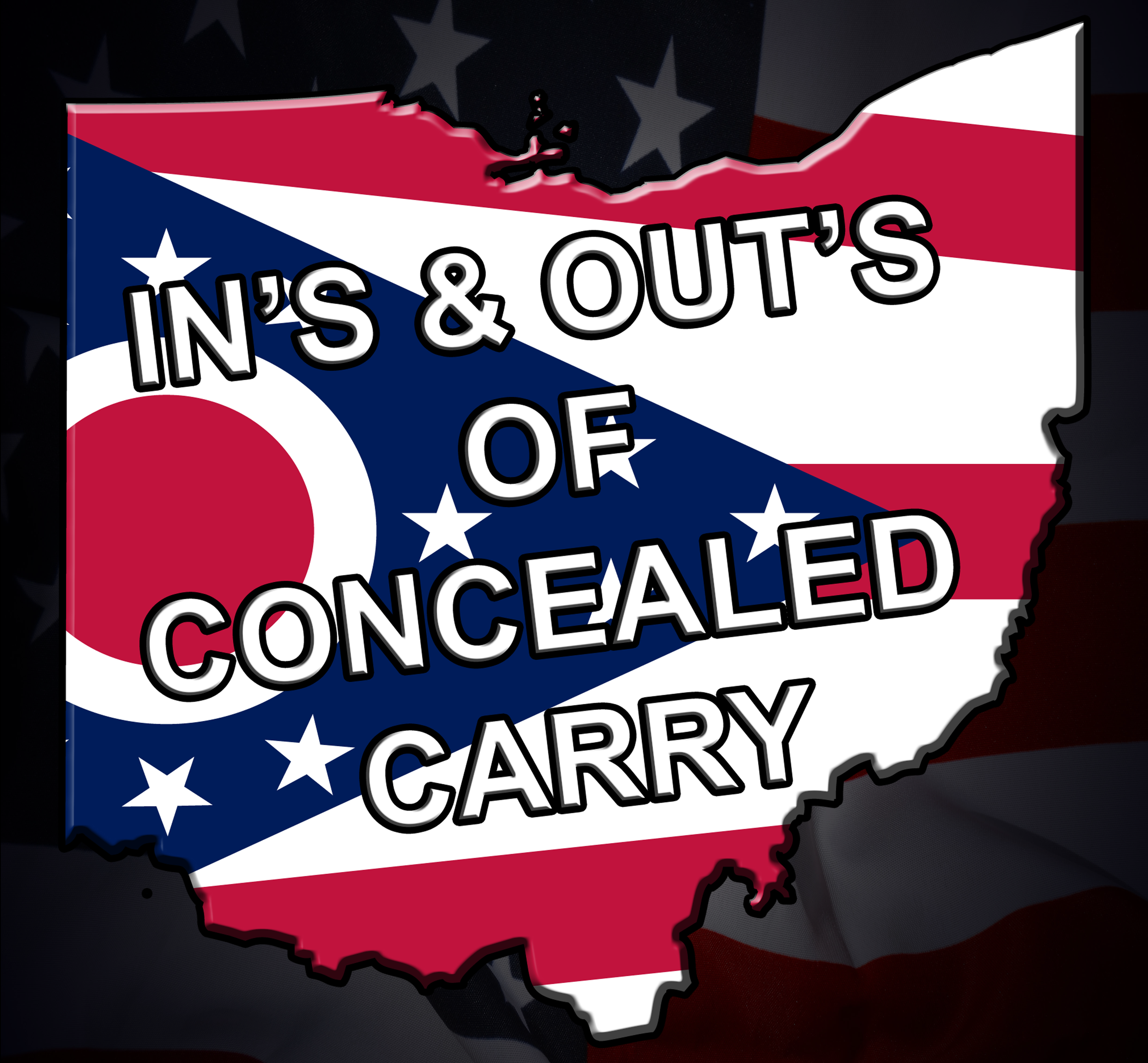A cutout map of Arkansas with a superimposed American flag pattern and the text 'INS & OUTS OF CONCEALED CARRY' over it.