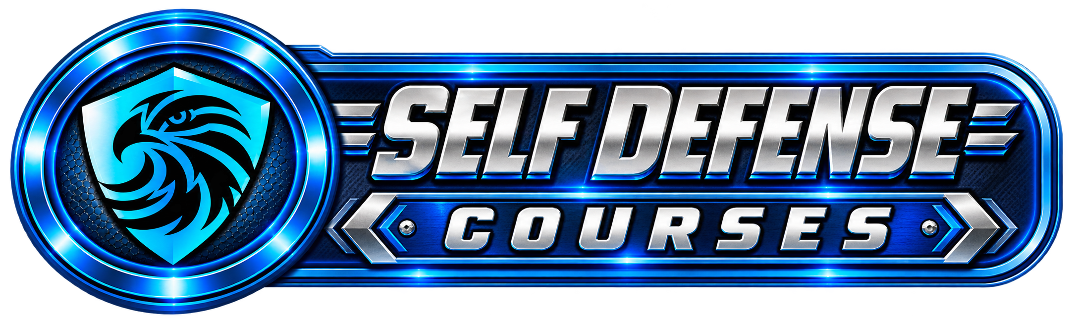 Self Defense Courses logo with a blue and black shield emblem featuring a stylized eagle head, and the words 'Self Defense Courses' in bold metallic font with blue accents.