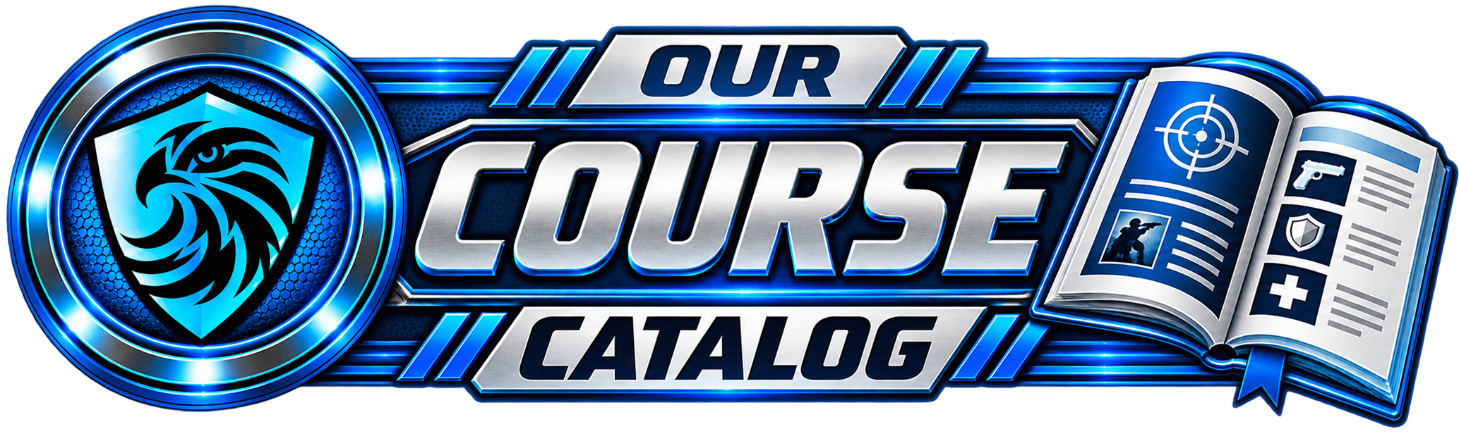 Blue-themed graphic featuring a lion's head emblem on a shield, bold text saying 'Our Course Catalog,' and an open book with icons of a gun, soldier, shield, medical cross, and writing.
