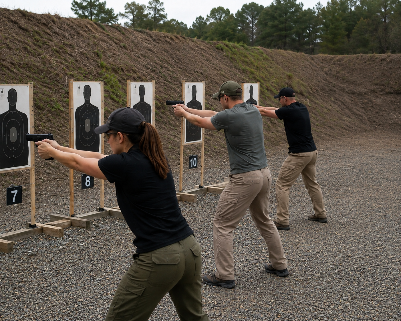 Three people at an outdoor shooting range aiming handguns at target boards with silhouette targets, numbered 7, 8, and 10, against a back of a dirt embankment and trees.