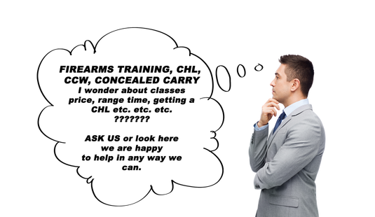 A man in a gray suit with a white shirt, holding his chin thoughtfully, standing next to a thought bubble with text about firearms training, concealed carry, and classes.
