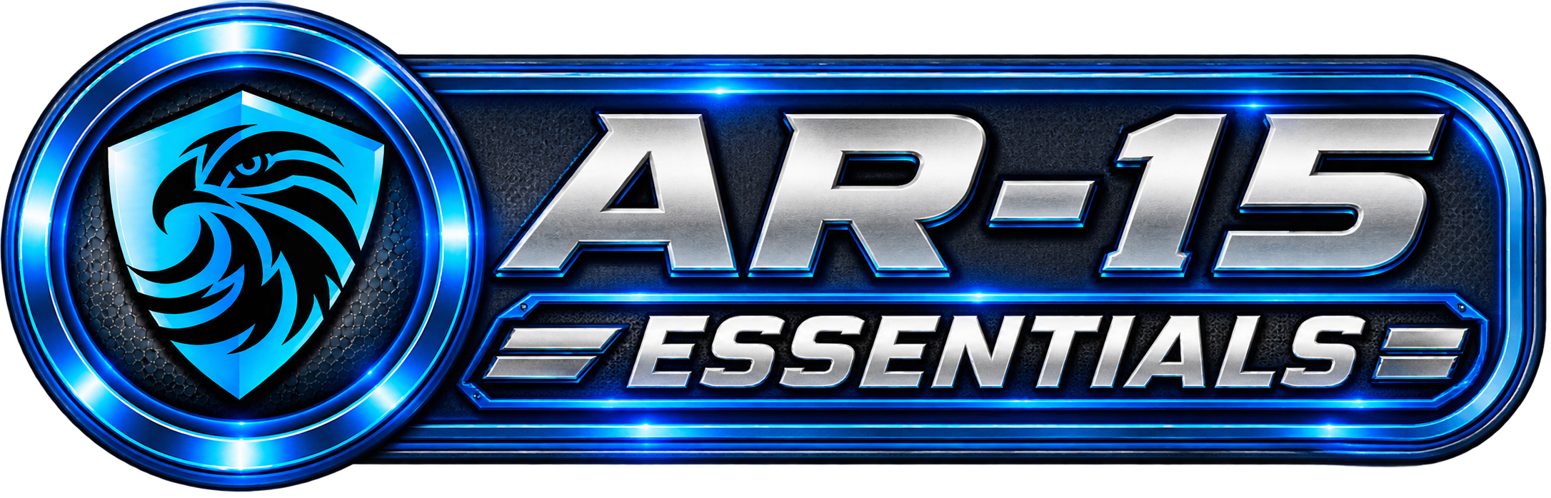 Futuristic logo for AR-15 Essentials with a black and blue theme, featuring a stylized eagle head in a shield on the left and bold metallic text.