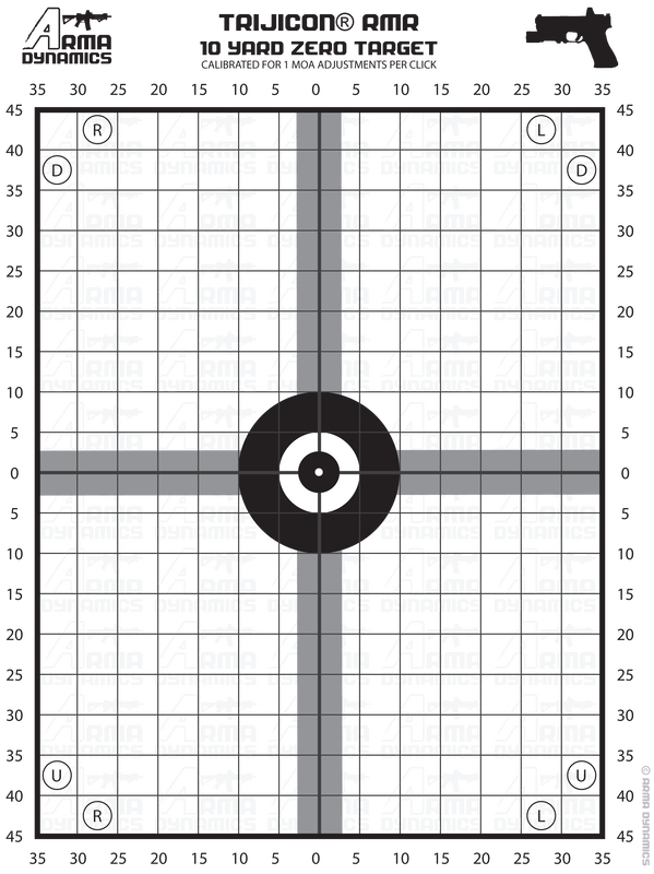 Close-up of a Tacon® ATM 10-yard zero target with a large black and white bullseye in the center, marked with measurements and labeled with 'Arma Dynamics' and '10 Yard Zero Target' for firearm sight calibration.