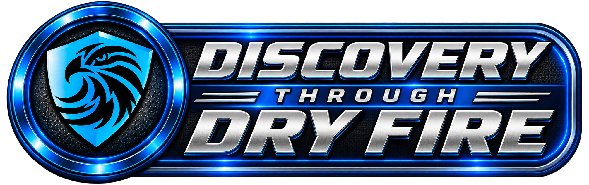 Futuristic logo for Discovery Through Dry Fire with a blue and black color scheme, featuring a shield emblem with a stylized lion head