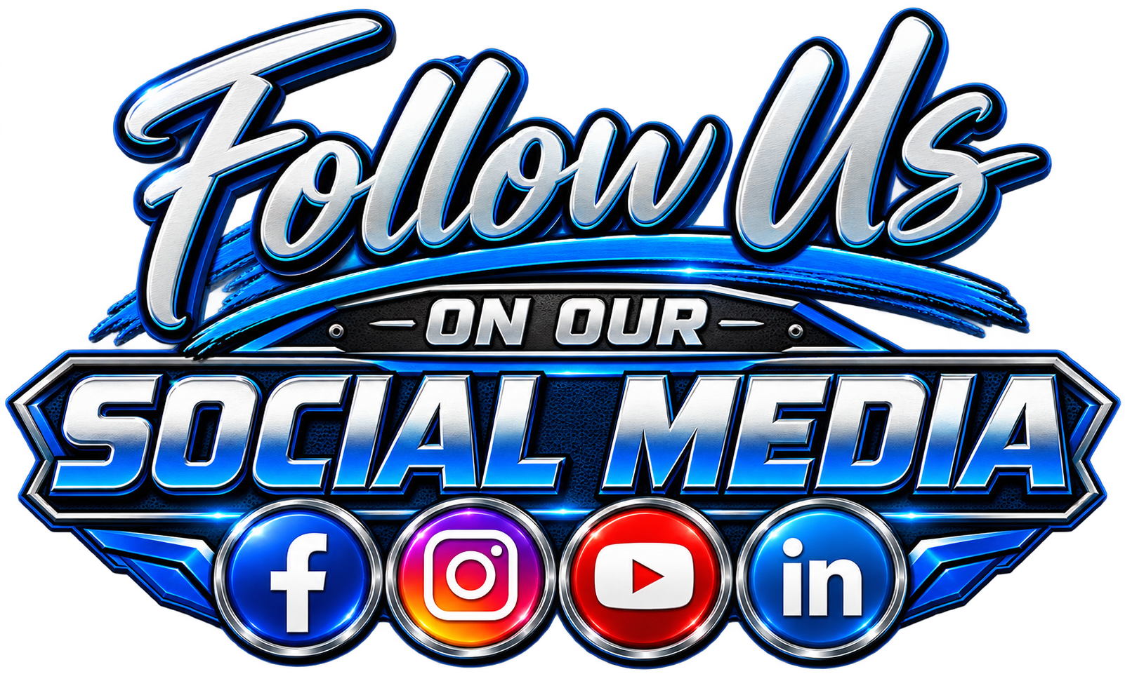 A neon sign that reads "Follow us on our social media" with icons for Facebook, Instagram, YouTube, and LinkedIn.