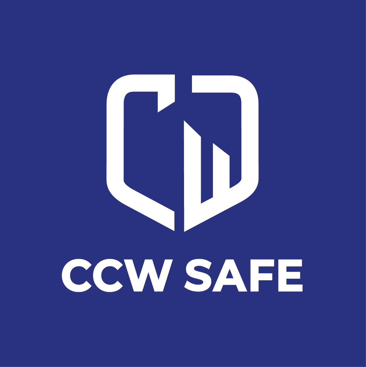 A blue background with a white logo resembling a shield and the letters 'CCW SAFE' written below.