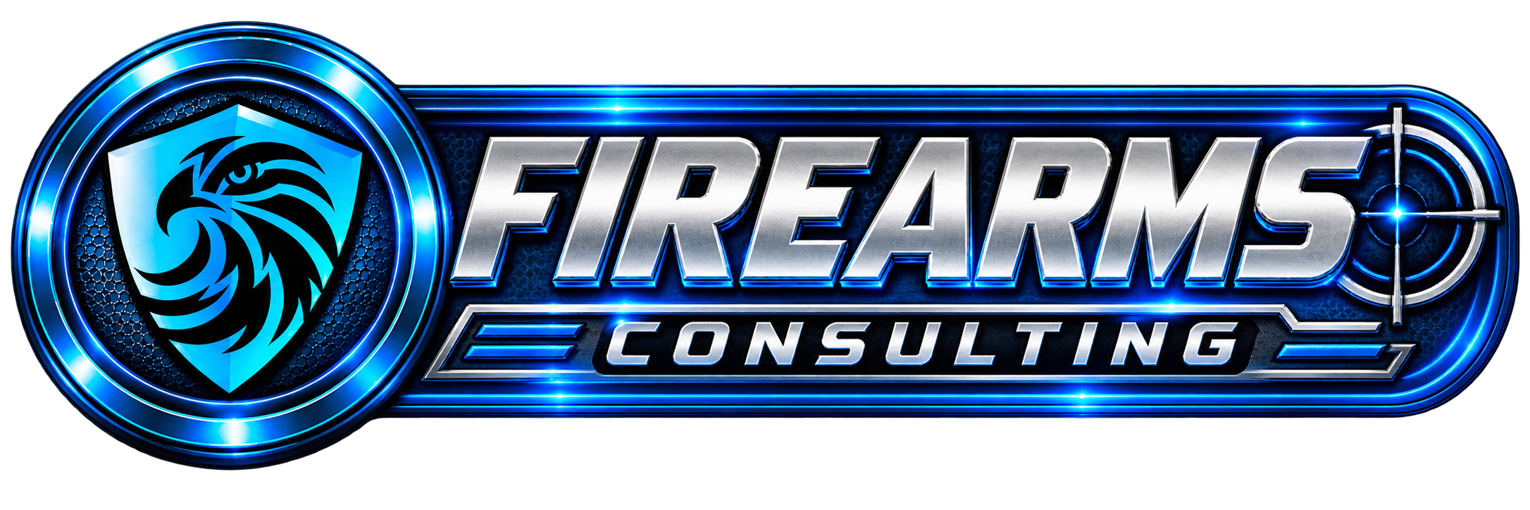 FIREARMS CONSULTING logo with a futuristic blue and black design, featuring a shield with a stylized lion's head and a crosshair