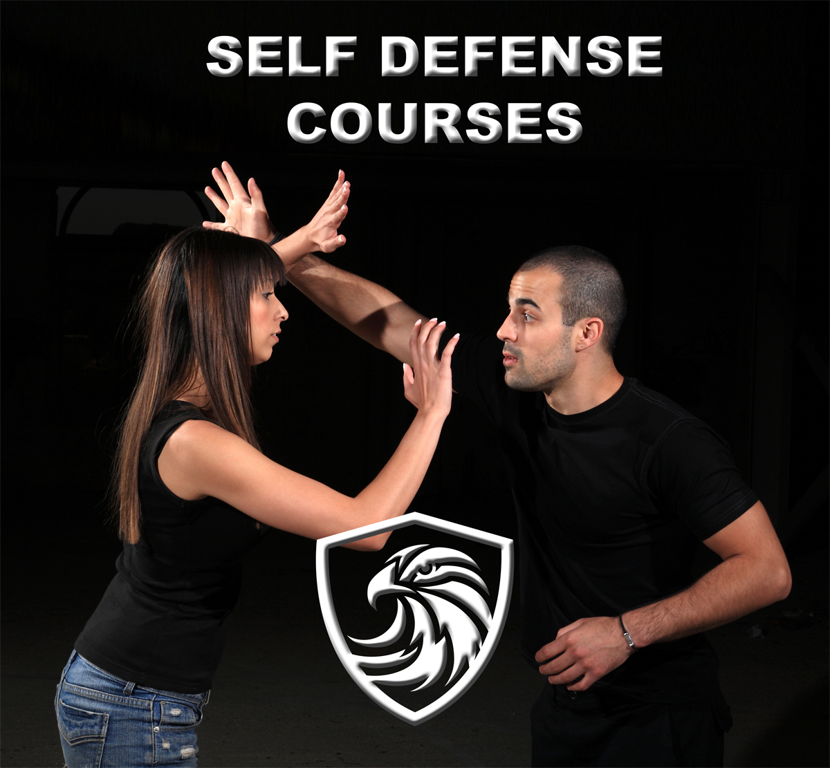 A man and woman practicing self defense in a training session, with the text 'Self Defense Courses' and a lion's head logo in the background.