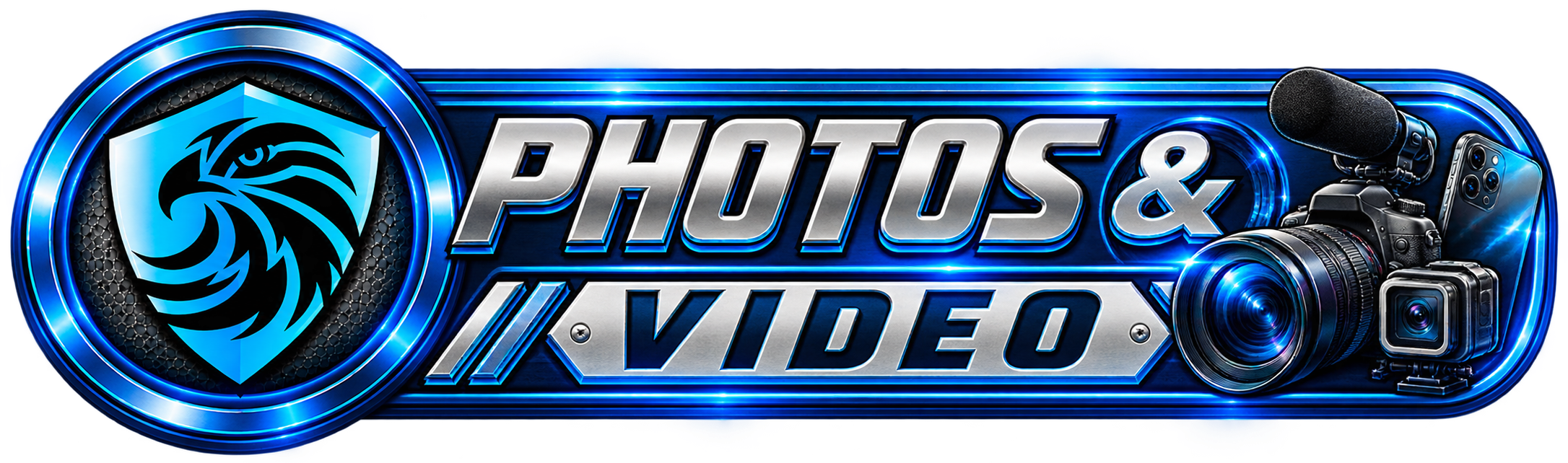 A graphic banner with a shield emblem featuring an eagle's head in black on a blue background, words 'PHOTOS & VIDEO' in metallic silver and gray, and images of a professional camera, microphone, and smartphone with a camera lens, all in a blue glowing digital style.