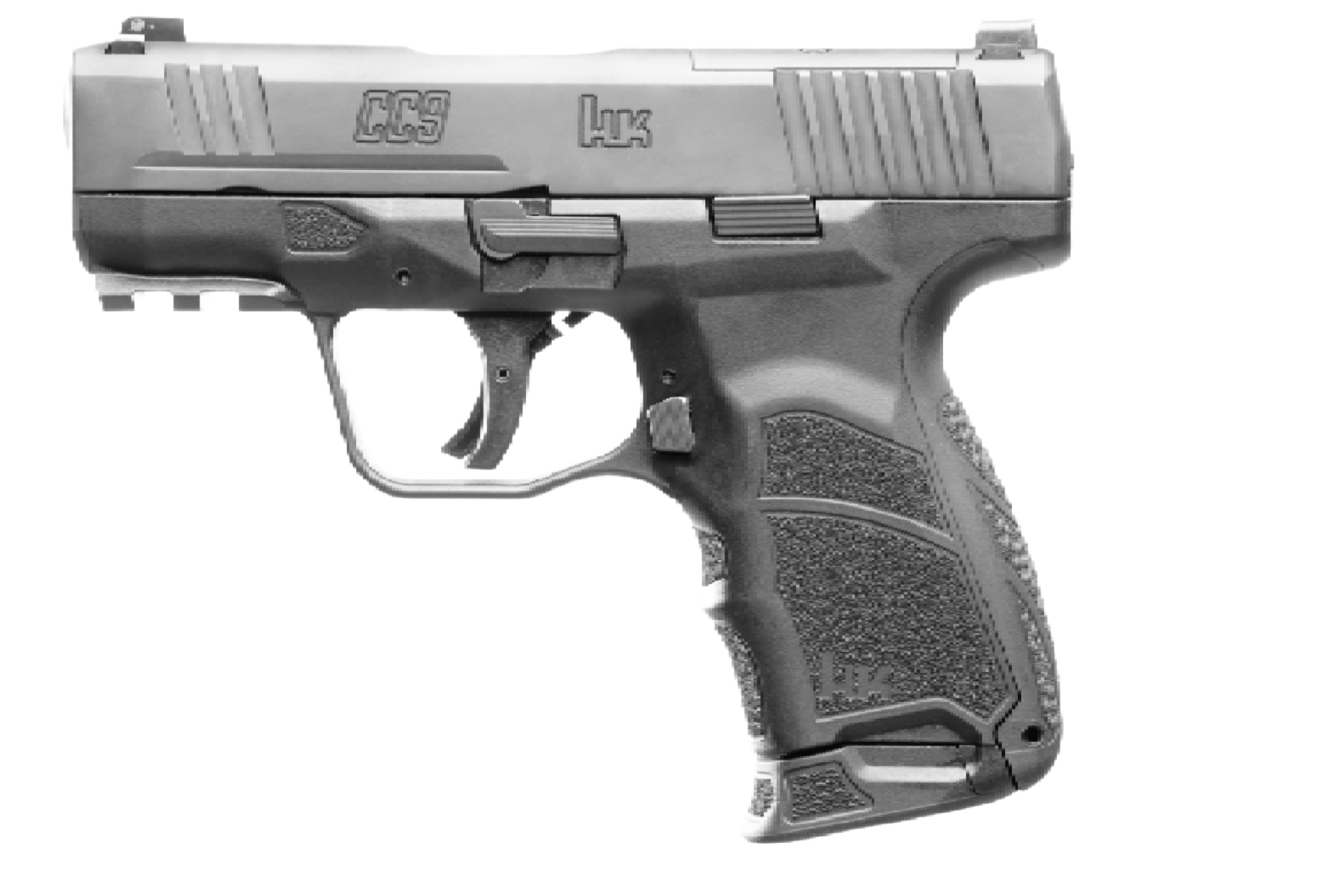 Black and white illustration of a Glock semi-automatic handgun with textured grip, slide, and trigger, facing sideways.