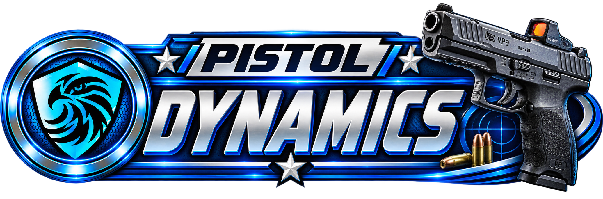 Logo for Pistol Dynamics with a blue lion emblem, stylized text, a handgun, bullets, and a target symbol.