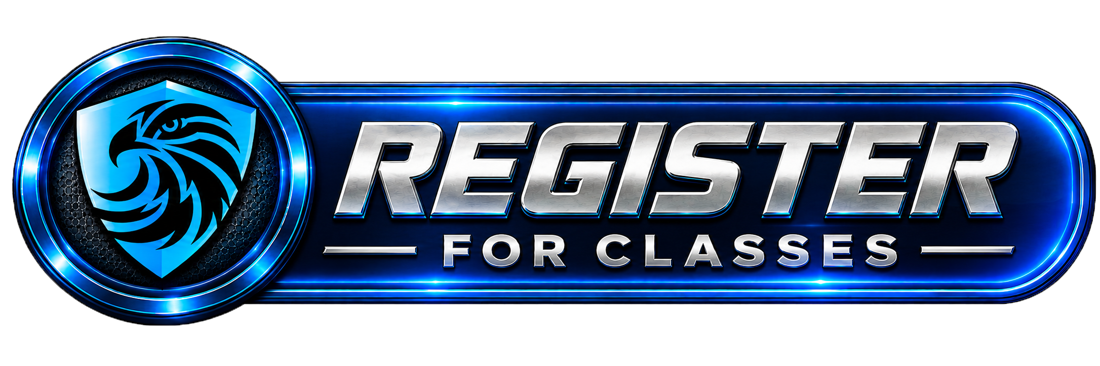 A digital logo with a blue and black shark emblem on the left and the text 'REGISTER FOR CLASSES' in metallic silver letters on a blue glowing background.