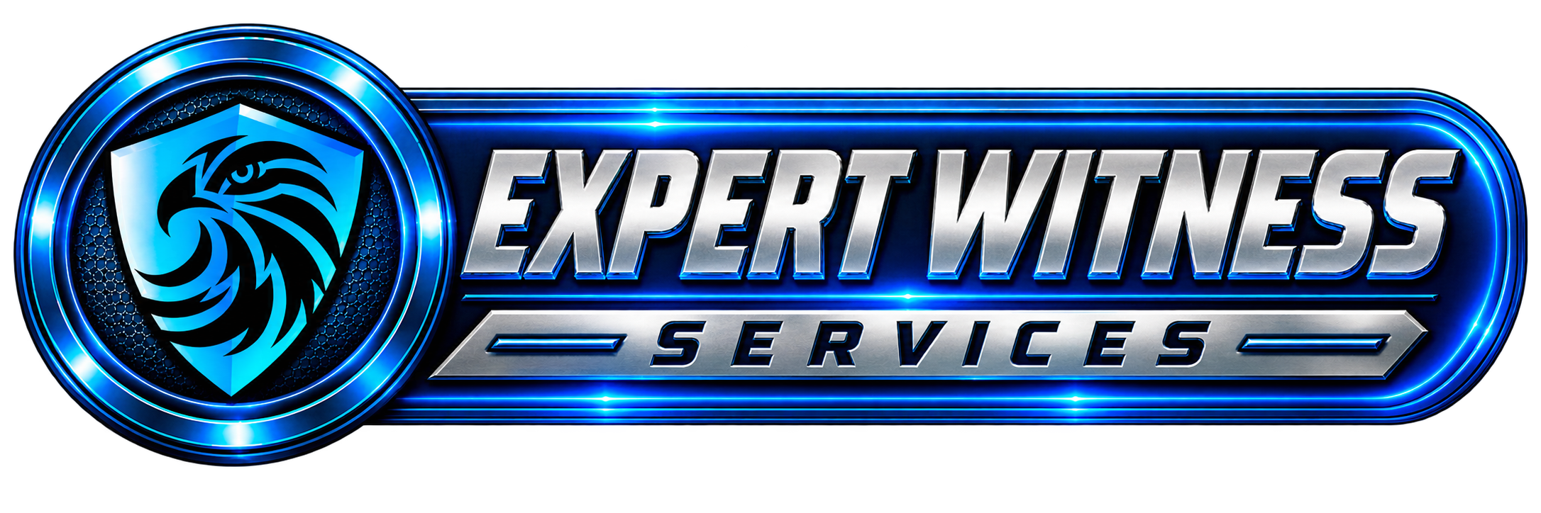 Futuristic logo for 'Expert Witness Services' with a blue and black shield featuring a stylized eagle head, glowing blue accents, and bold metallic lettering.