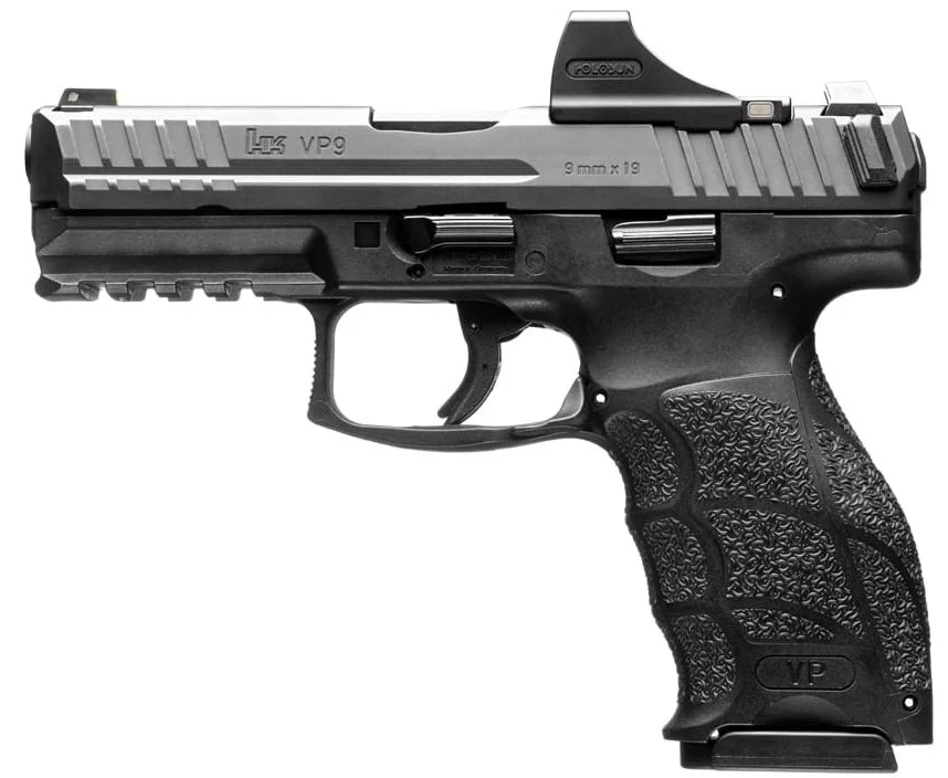 A black Glock pistol with a textured grip and slide, marked with 'Glock 19' and '9mm x 19', facing left.