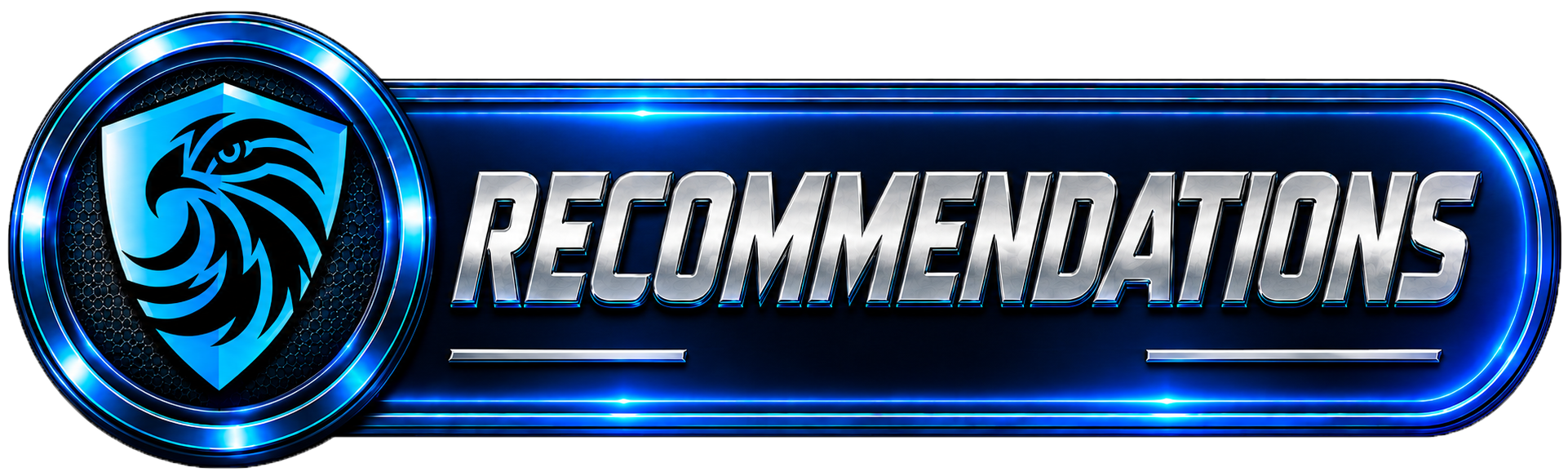 A digital badge featuring a black eagle head logo on a blue shield, with the word "RECOMMENDATIONS" in metallic silver letters on a blue glowing background.