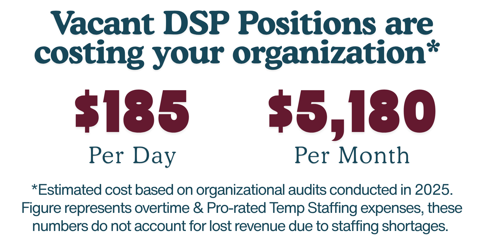 Text infographic explaining the cost of vacant DSP positions, estimating $185 per day and $5,180 per month, based on organizational audits conducted in 2025, with a note on overtime and temp staffing expenses.