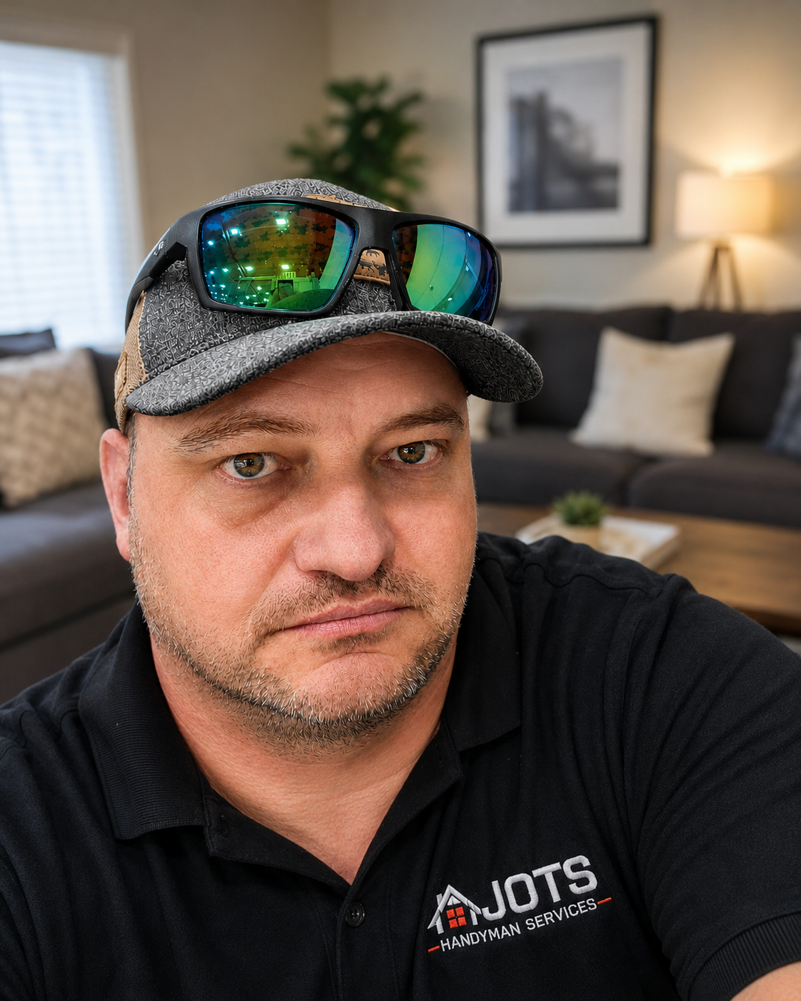 A man wearing a camouflage baseball cap and black sports sunglasses, with a logo that says 'JOTS Handyman Services' on his shirt, taking a selfie in a living room with beige walls, a gray sofa with multiple pillows, a framed picture, a side table, and a lamp.