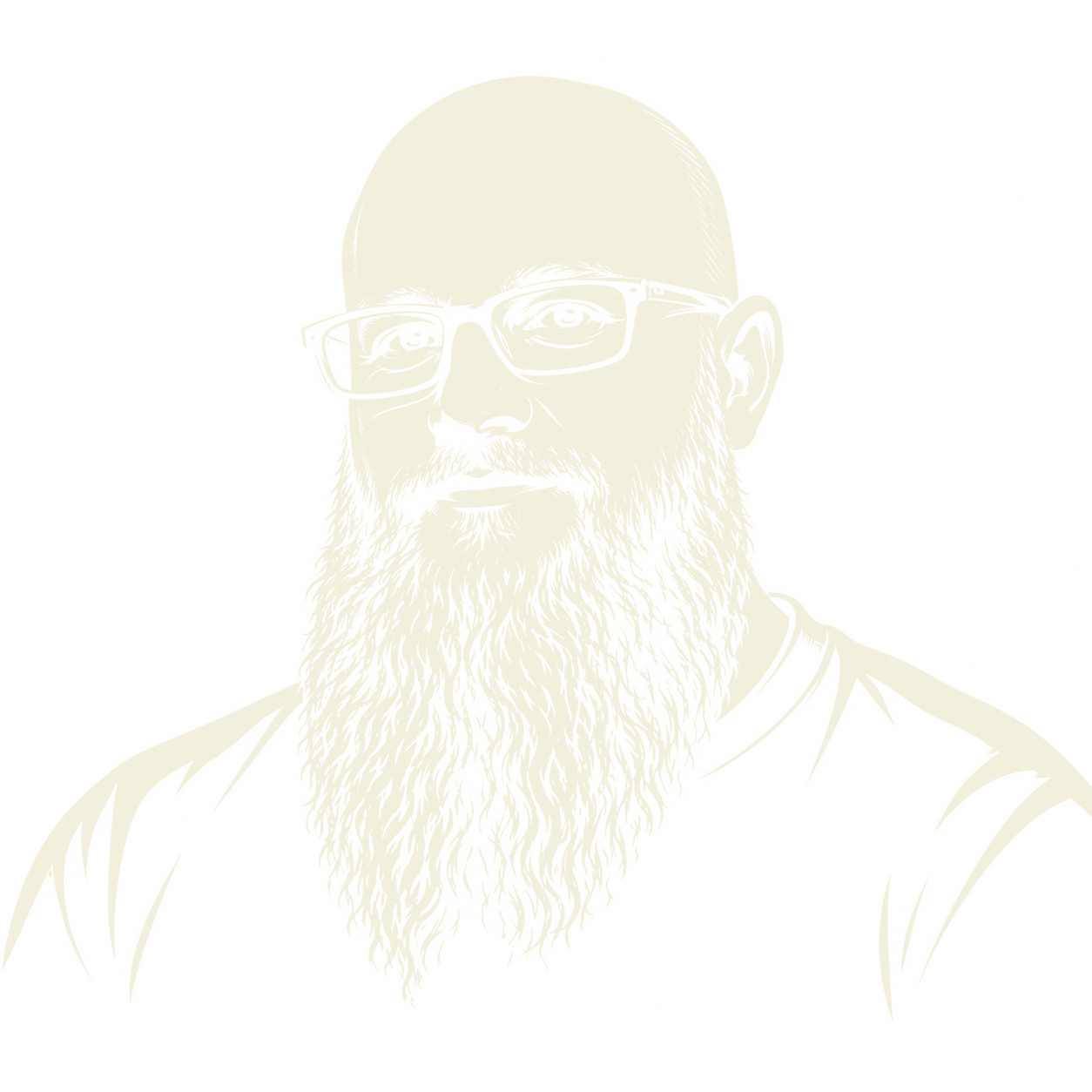 Line drawing of a man with glasses, a bald head, and a long beard, wearing a military-style shirt against a black textured background.