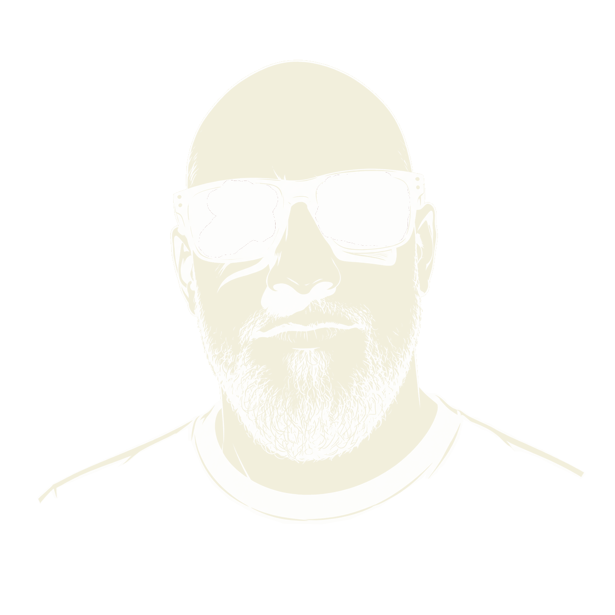 Outline of a person's face with glasses and a beard, wearing a shirt with a collar.