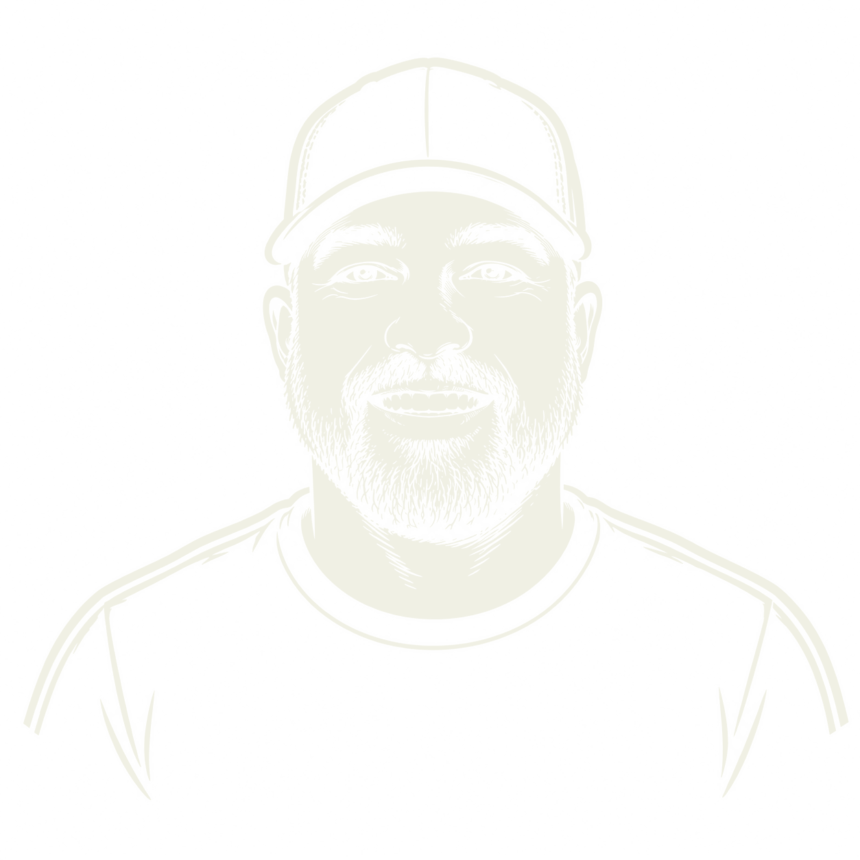 Line drawing of a smiling man in a baseball cap and sports jersey, facing forward.