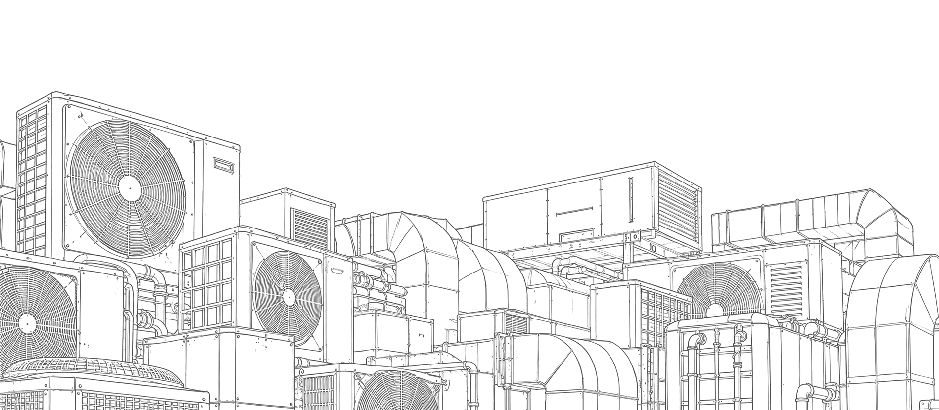 Black and white digital line drawing of an industrial HVAC system with multiple air conditioning units, ducts, and fans.