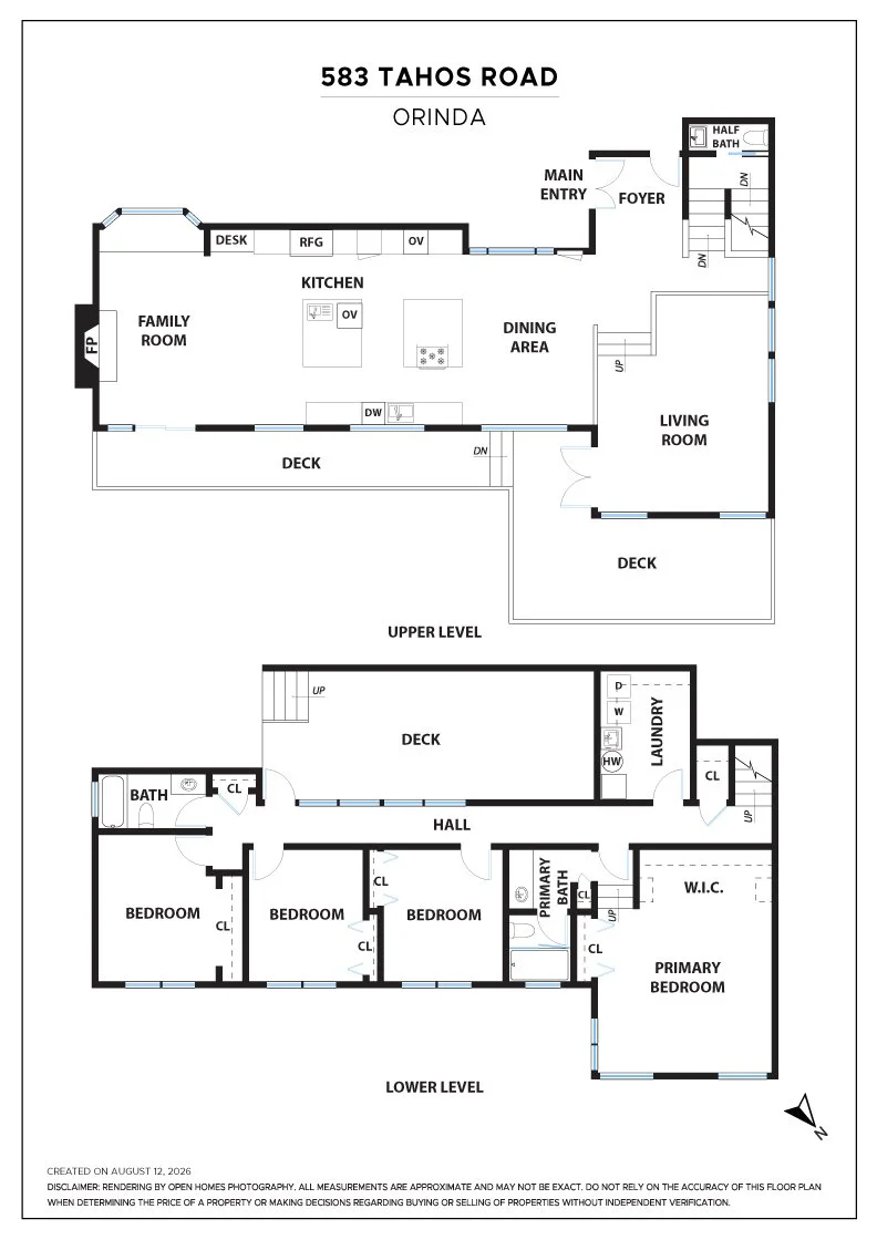 Floor plan of a two-story house at 583 TAHOS ROAD, ORINDA, showing main level and upper level layouts, including rooms such as kitchen, family room, living room, bedrooms, bathrooms, decks, laundry, and stairs.
