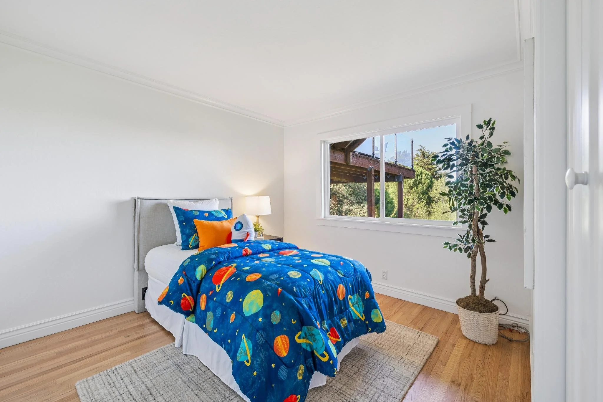Bedroom with a bed featuring a space-themed comforter, colorful pillows, a nightstand with a lamp, a large potted plant, and a window with a view of trees and a deck outside.