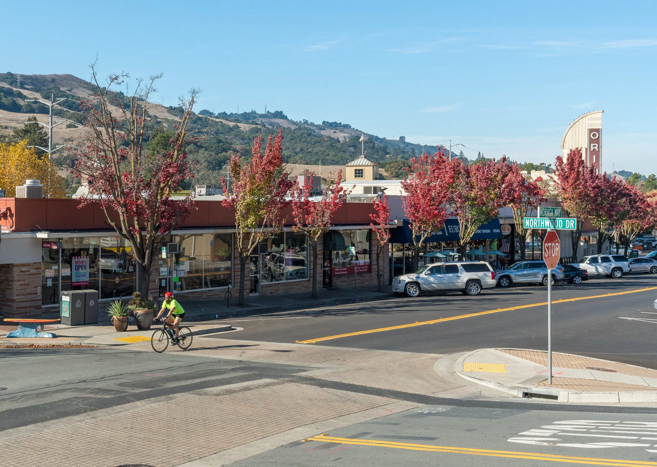 Street scene with a person riding a bicycle, storefronts, pink flowering trees, street signs, and a hillside in the background under a blue sky.