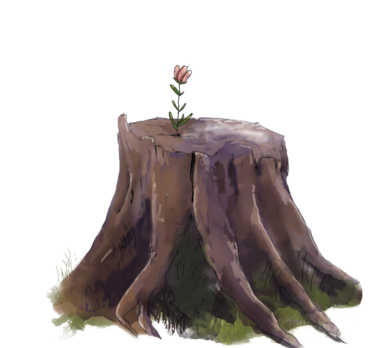 A drawing of a tree stump with a small pink flower growing from the top.