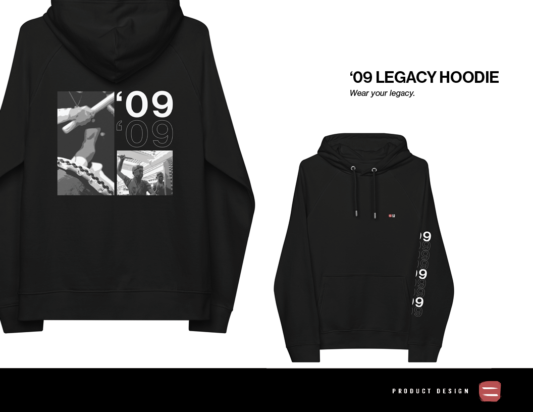 Black hoodie with '09 Legacy Hoodie' text and slogan Lwear your legacy on the right shoulder and the back, includes black drawstring hood, product design label on bottom right.