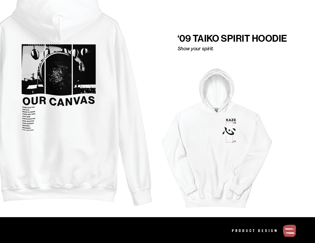 Image of two white hoodies, one larger and one smaller, with black graphic designs. The larger hoodie has a black-and-white artistic print with the text 'OUR CANVAS' and additional small text underneath. The smaller hoodie has a black and red design 