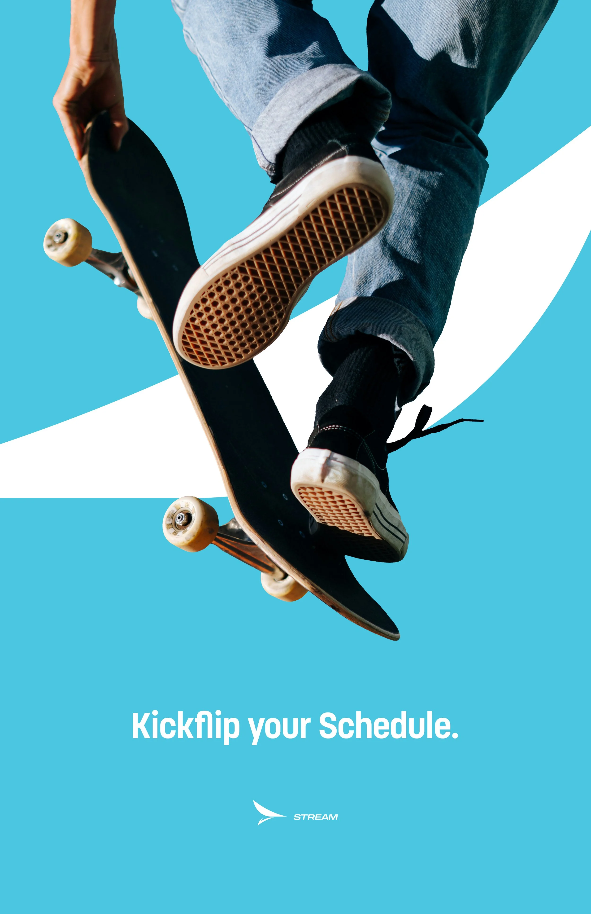A person skateboarding against a background split into blue and white sections, with the text 'Kickflip your Schedule' and a logo that says 'STREAM'.