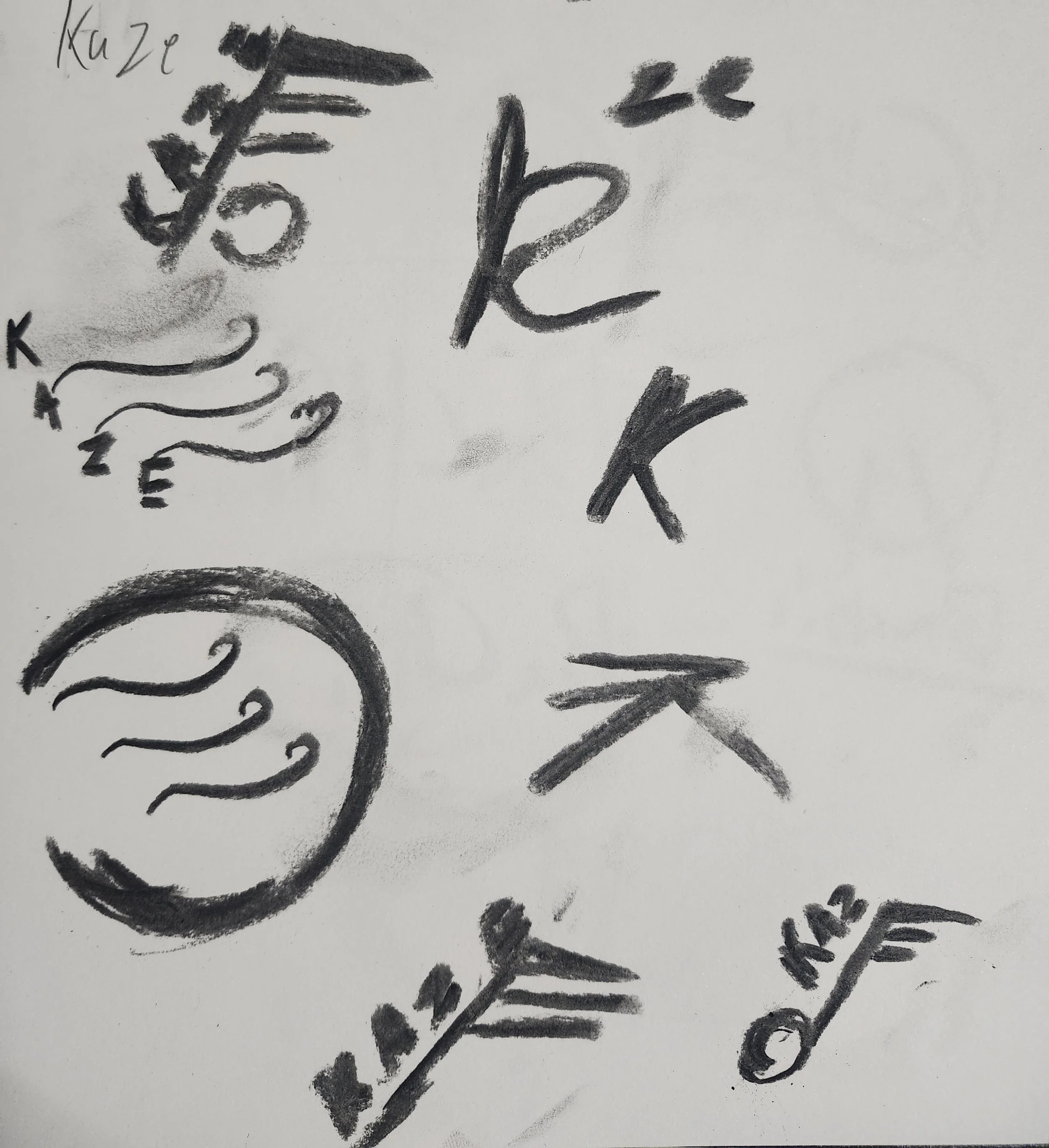 Black and white sketch with the words "Kuz" and "hope" written in different styles, along with a circular diagram featuring labeled parts and connected arrows.