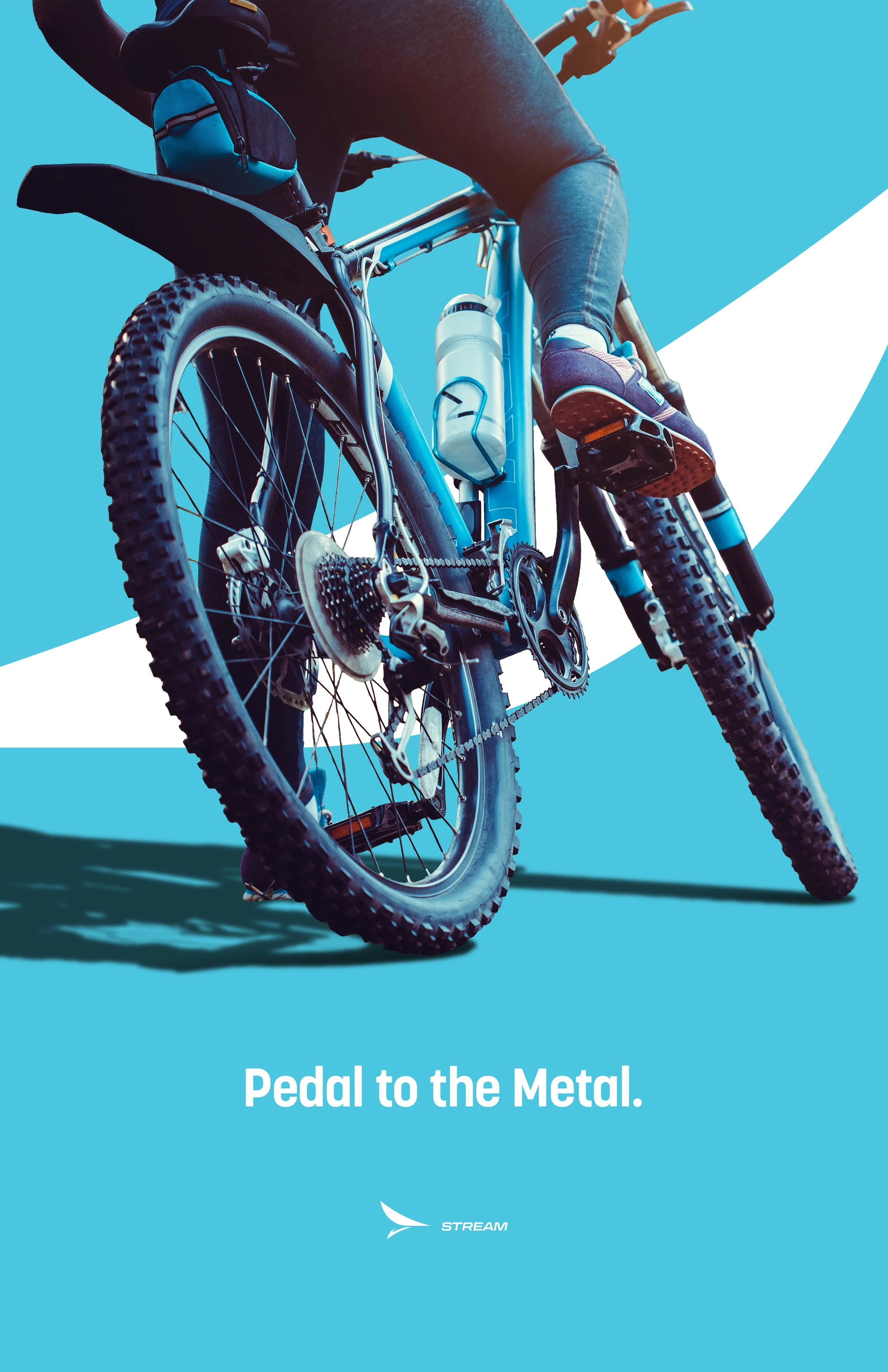 Close-up of a mountain bike with a water bottle mounted on the frame, set against a blue and white background with the text "Pedal to the Metal." and the STREAM logo.