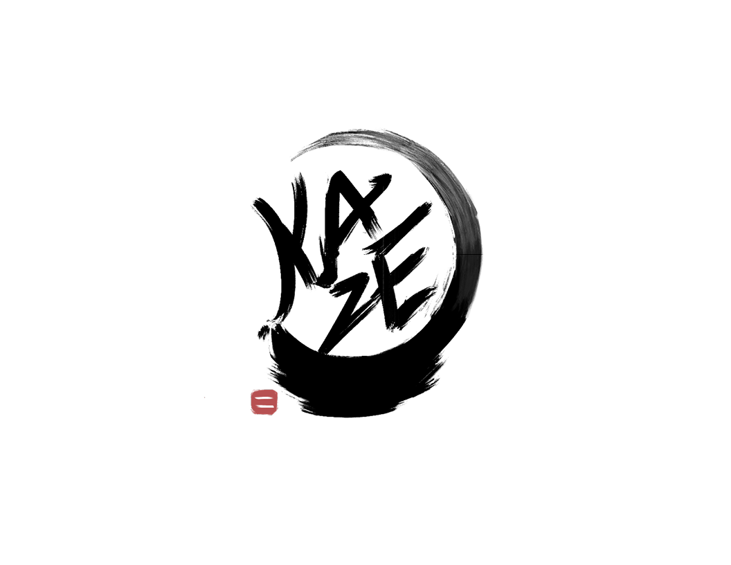 Japanese calligraphy art with black ink brush strokes forming the phrase 'KAKE' inside a circular shape, with a small red stamp in the lower left corner.
