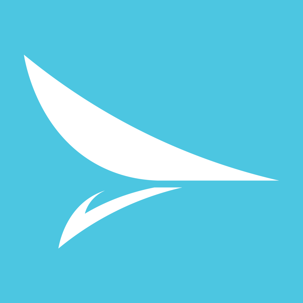A white sailboat with a large sail on a light blue background.