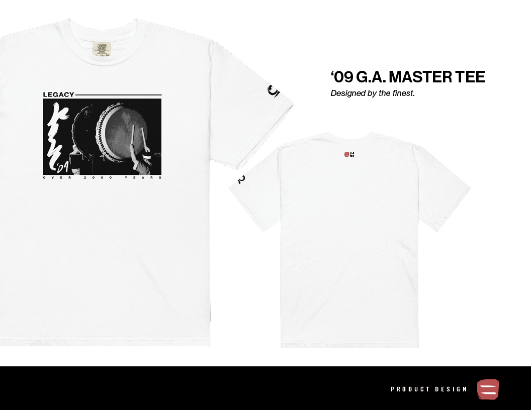 White T-shirt with a black and white graphic of a drum and the word "LEGACY" above it.