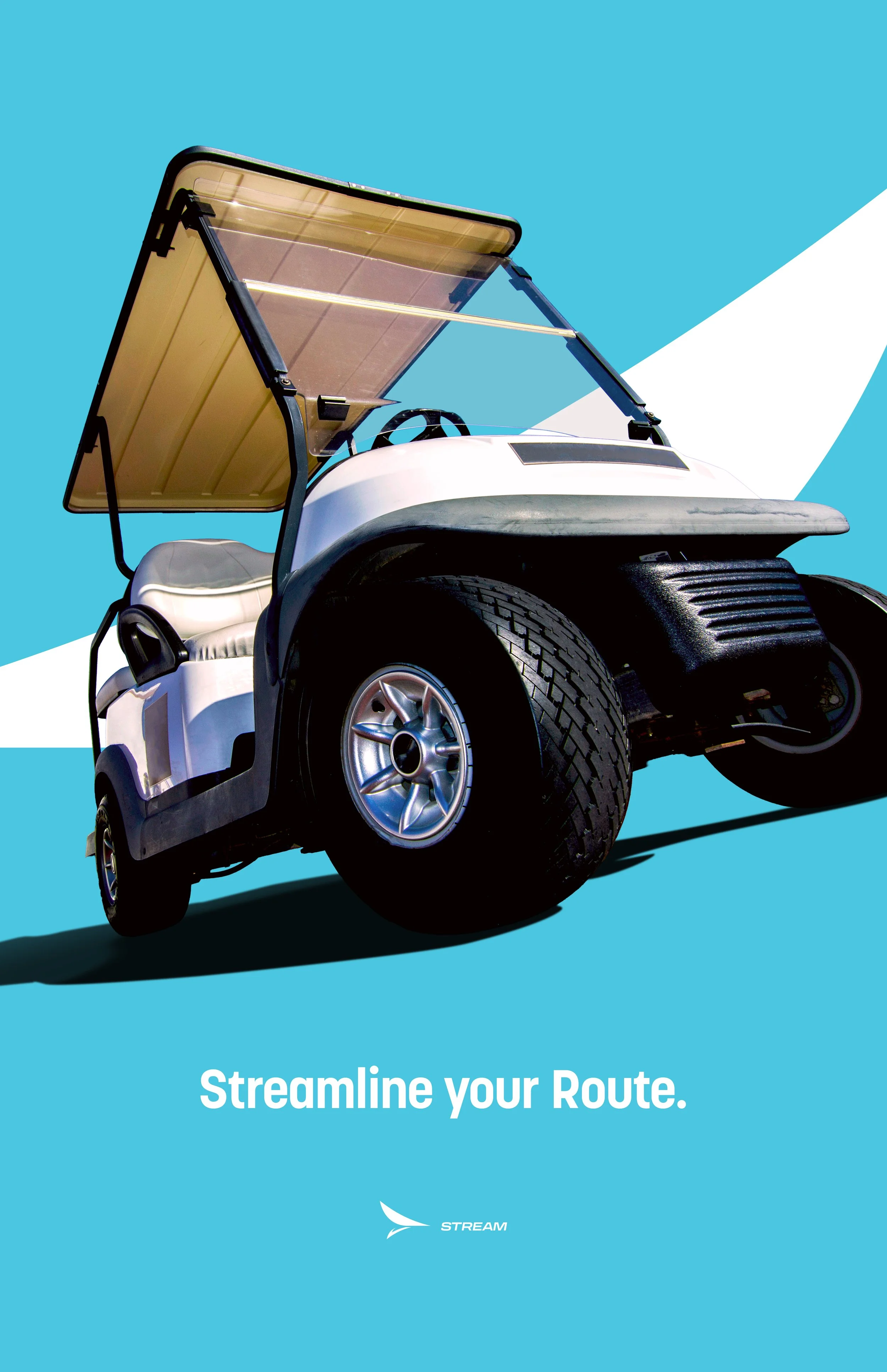 A white golf cart with a tan canopy and large tires on a split blue and white background. Text reads "Streamline your Route" and the STREAM logo is at the bottom.