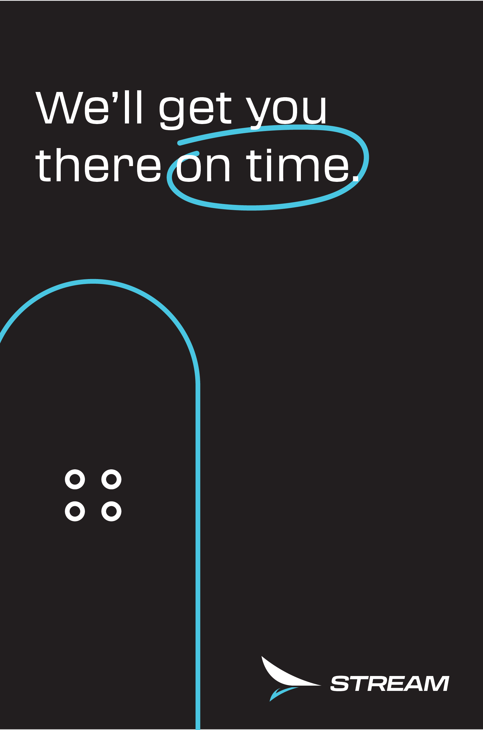 Close-up of a black hydrotherapy or massage device with the phrase "We'll get you there on time" in white text and a blue curved line. Part of a white and blue logo with the word "STREAM" in white is also visible.