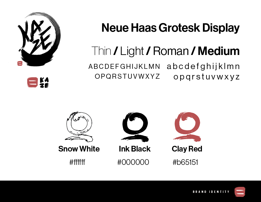 A display showing different font weights and colors for the Neue Haas Grotesk typeface, including thin, light, roman, and medium styles, with color options Snow White, Ink Black, and Clay Red, along with sample text and color hex codes.