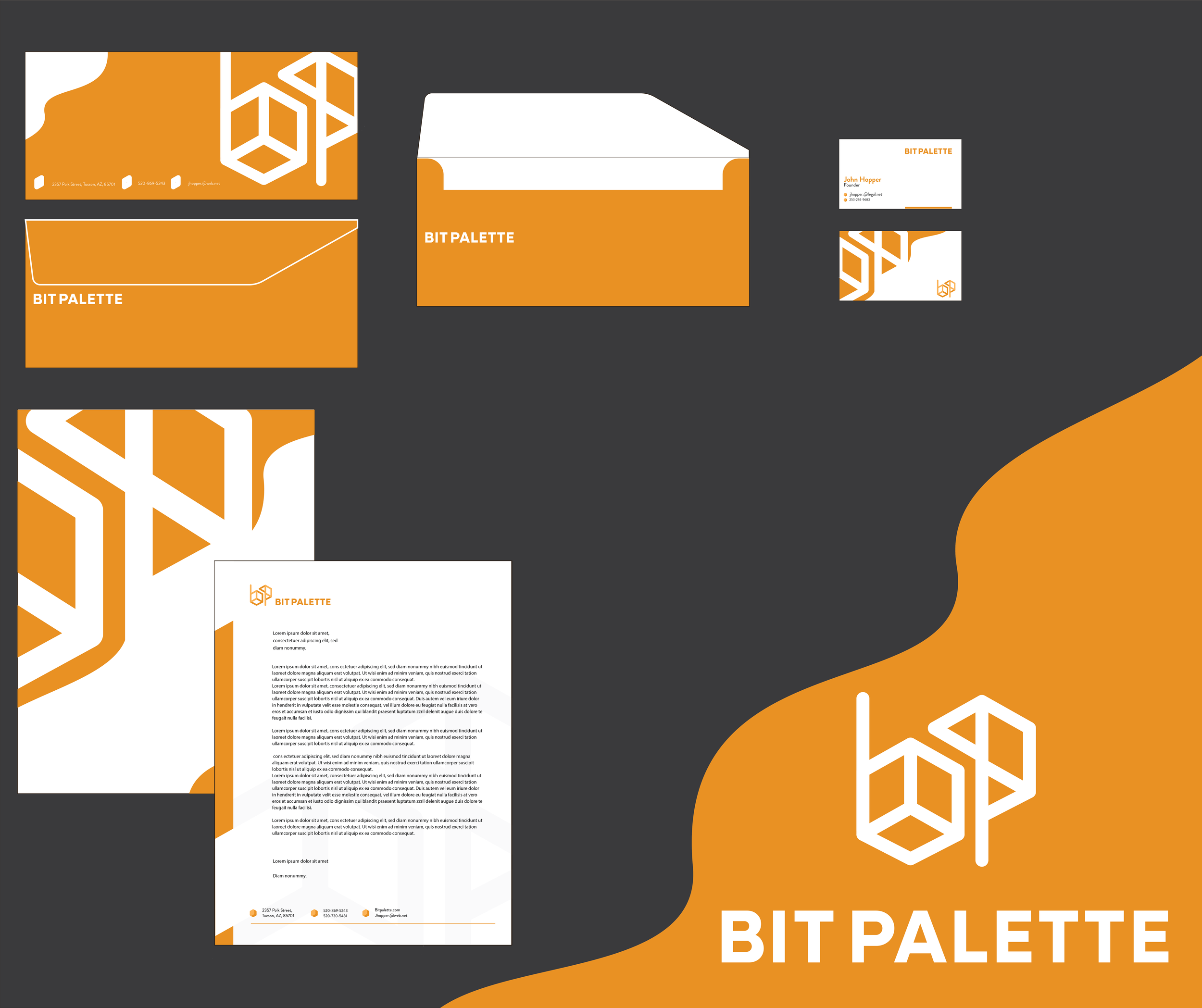 A collection of business stationery items for 'Bit Palette' including a letter, business cards, and envelopes, all featuring an orange and white geometric logo design on dark gray background.
