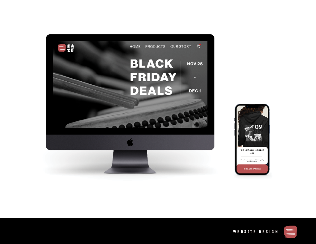 A computer monitor displaying a Black Friday deals webpage and a smartphone showing a product page for a hoodie, with a black and white theme and minimalistic design.